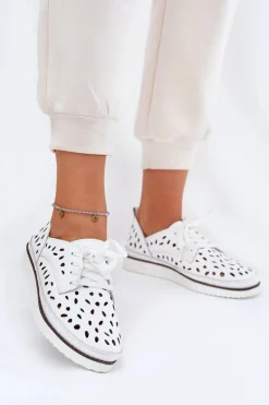 Clearance Półbuty Skórzane Damskie S.Barski LR51-610 Białe Damskie Półbuty Skórzane