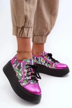 Online Półbuty Sneakersy Skórzane Damskie Na Platformie 06479-15 Fuksja Damskie Buty Sportowe Na Platformie