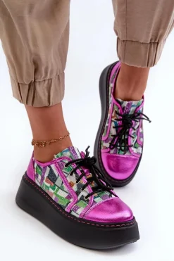 Online Półbuty Sneakersy Skórzane Damskie Na Platformie 06479-15 Fuksja Damskie Buty Sportowe Na Platformie