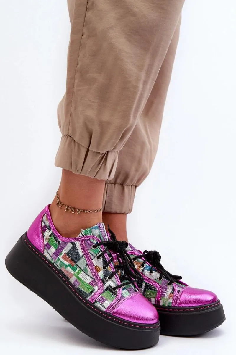 Online Półbuty Sneakersy Skórzane Damskie Na Platformie 06479-15 Fuksja Damskie Buty Sportowe Na Platformie