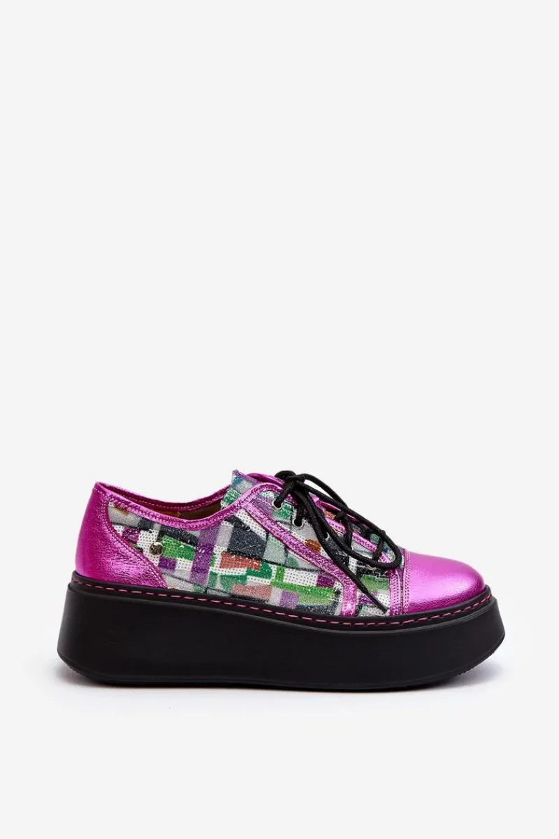 Online Półbuty Sneakersy Skórzane Damskie Na Platformie 06479-15 Fuksja Damskie Buty Sportowe Na Platformie