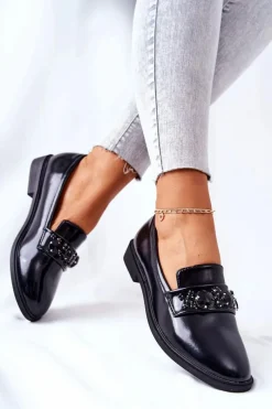 Discount Półbuty Z Ozdobnym Paskiem Czarne Valisso Damskie Mokasyny Damskie Skórzane