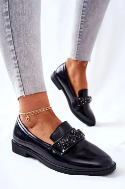 Discount Półbuty Z Ozdobnym Paskiem Czarne Valisso Damskie Mokasyny Damskie Skórzane