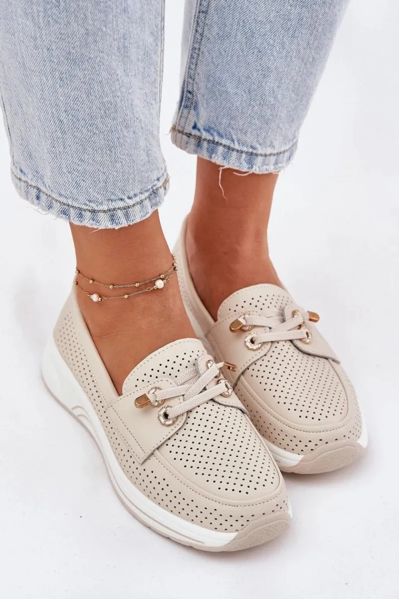 Hot Półbuty Ze Skóry Naturalnej Na Platformie 56C2102 Beżowe Damskie Buty Sportowe Na Platformie|Półbuty Skórzane