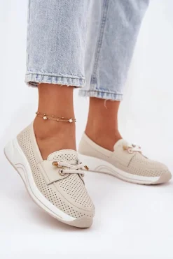 Hot Półbuty Ze Skóry Naturalnej Na Platformie 56C2102 Beżowe Damskie Buty Sportowe Na Platformie|Półbuty Skórzane