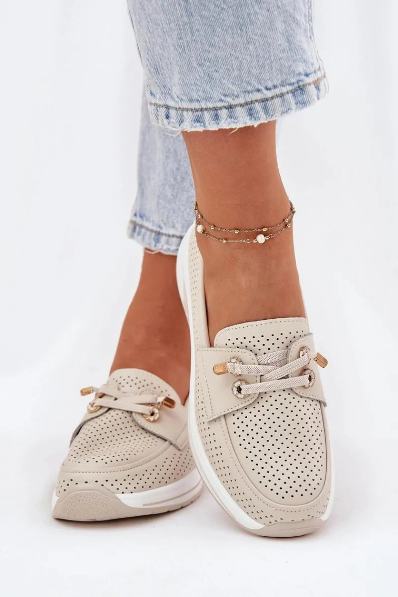 Hot Półbuty Ze Skóry Naturalnej Na Platformie 56C2102 Beżowe Damskie Buty Sportowe Na Platformie|Półbuty Skórzane