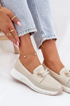 Hot Półbuty Ze Skóry Naturalnej Na Platformie 56C2102 Beżowe Damskie Buty Sportowe Na Platformie|Półbuty Skórzane