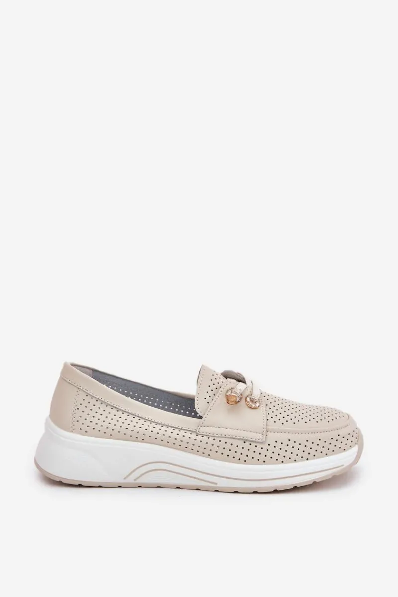 Hot Półbuty Ze Skóry Naturalnej Na Platformie 56C2102 Beżowe Damskie Buty Sportowe Na Platformie|Półbuty Skórzane