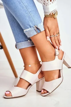 Sandały Na Obcasie>Buty Sergio Leone Perłowe Sandały Na Słupku Sergio Leone SK778 Beżowe