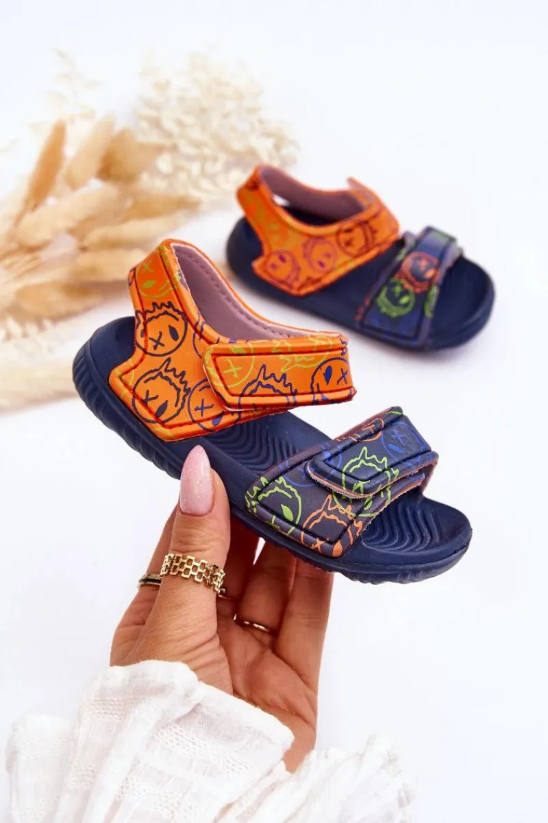 Clearance Boto Piankowe Dziecięce Lekkie Sandałki We Wzory Granatowo-Pomarańczowe Malaga