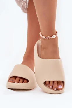 Piankowe Klapki Damskie Beżowe Rivasol Damskie Klapki Basenowe|Klapki Na Platformie