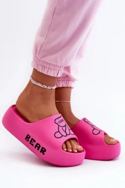 Discount Piankowe Klapki Damskie Na Masywnej Podeszwie Z Misiem Fuksja Lamira Damskie Klapki Basenowe|Klapki Na Platformie
