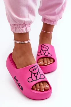 Discount Piankowe Klapki Damskie Na Masywnej Podeszwie Z Misiem Fuksja Lamira Damskie Klapki Basenowe|Klapki Na Platformie