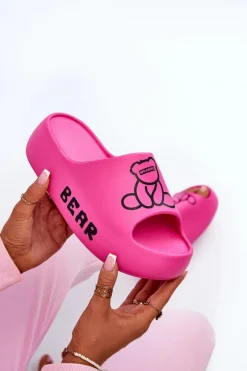 Discount Piankowe Klapki Damskie Na Masywnej Podeszwie Z Misiem Fuksja Lamira Damskie Klapki Basenowe|Klapki Na Platformie