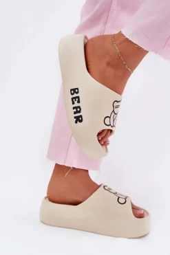 New Boto Piankowe Klapki Damskie Na Masywnej Podeszwie Z Misiem Jasnobeżowe Lamira