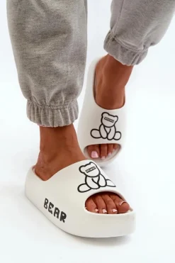 Best Boto Piankowe Klapki Damskie Na Masywnej Podeszwie Z Misiem Białe Lamira Biały