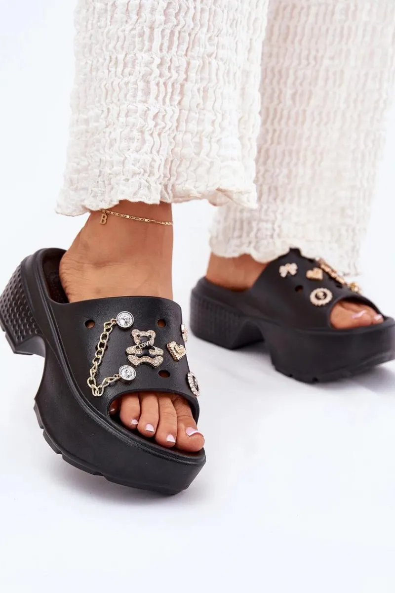 Klapki Basenowe|Klapki Na Platformie>Boto Piankowe Klapki Damskie Na Masywnej Platformie Ze Złotymi Przypinkami Czarne Ivoriel Czarny