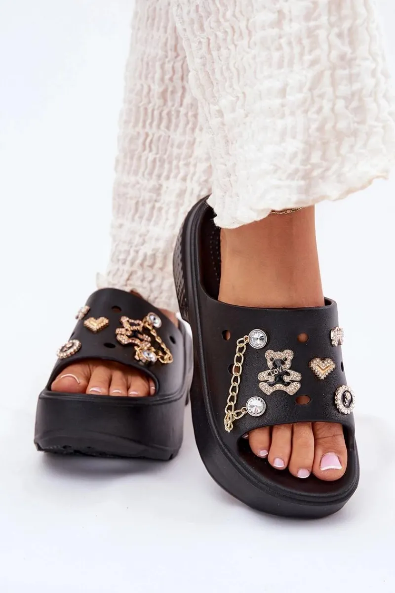 Klapki Basenowe|Klapki Na Platformie>Boto Piankowe Klapki Damskie Na Masywnej Platformie Ze Złotymi Przypinkami Czarne Ivoriel Czarny