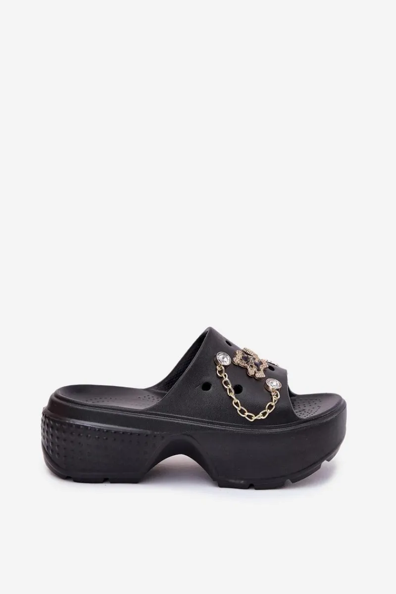 Klapki Basenowe|Klapki Na Platformie>Boto Piankowe Klapki Damskie Na Masywnej Platformie Ze Złotymi Przypinkami Czarne Ivoriel Czarny