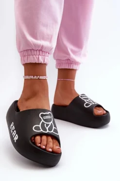 New Piankowe Klapki Damskie Na Masywnej Podeszwie Z Misiem Czarne Lamira Damskie Klapki Basenowe|Klapki Na Platformie