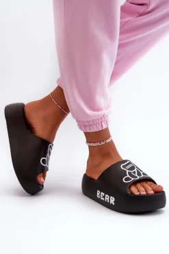 New Piankowe Klapki Damskie Na Masywnej Podeszwie Z Misiem Czarne Lamira Damskie Klapki Basenowe|Klapki Na Platformie