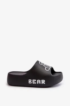 New Piankowe Klapki Damskie Na Masywnej Podeszwie Z Misiem Czarne Lamira Damskie Klapki Basenowe|Klapki Na Platformie