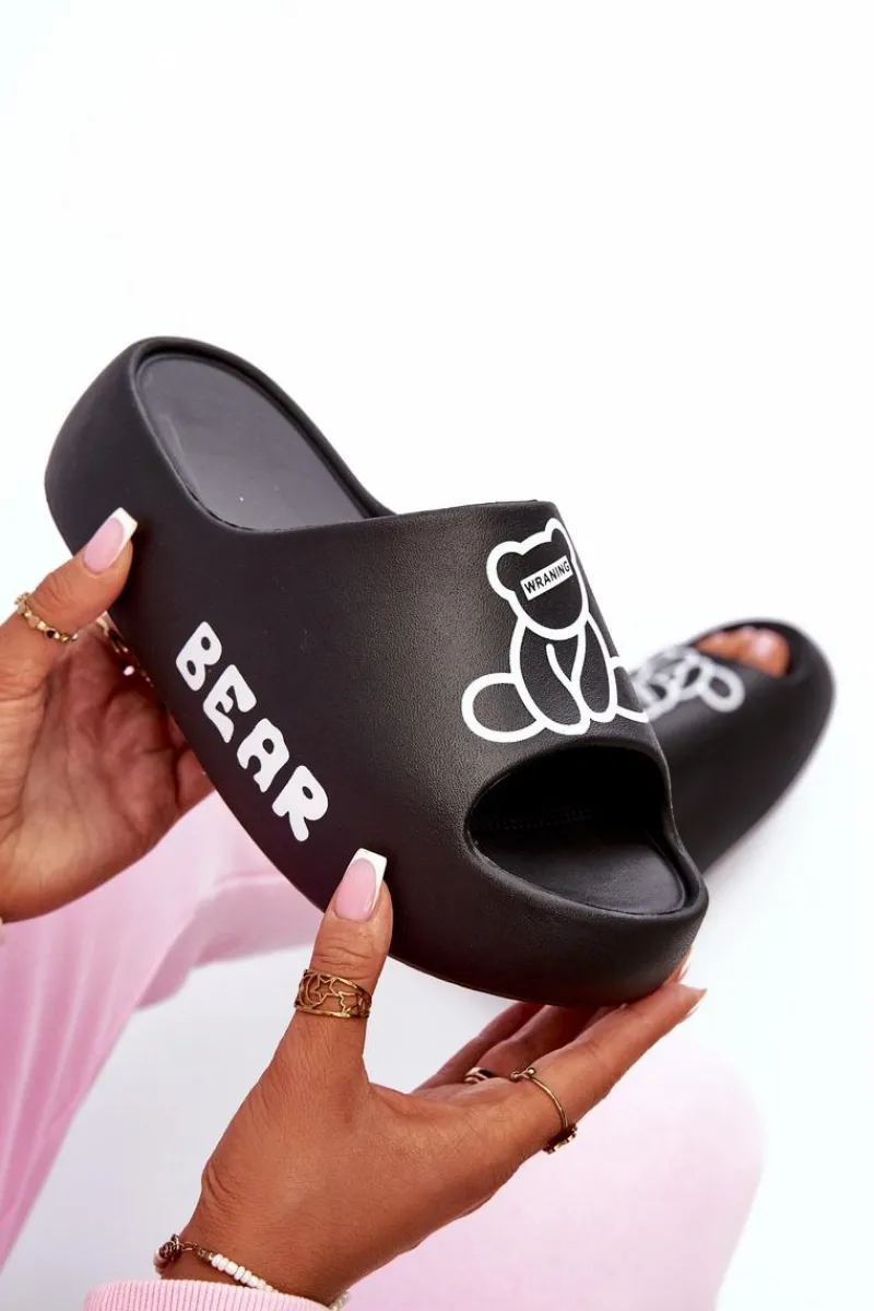 New Piankowe Klapki Damskie Na Masywnej Podeszwie Z Misiem Czarne Lamira Damskie Klapki Basenowe|Klapki Na Platformie