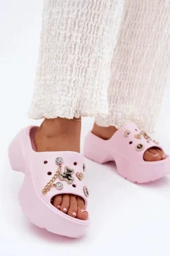 Klapki Basenowe|Klapki Na Platformie>Boto Piankowe Klapki Damskie Na Masywnej Platformie Ze Złotymi Przypinkami Różowe Ivoriel