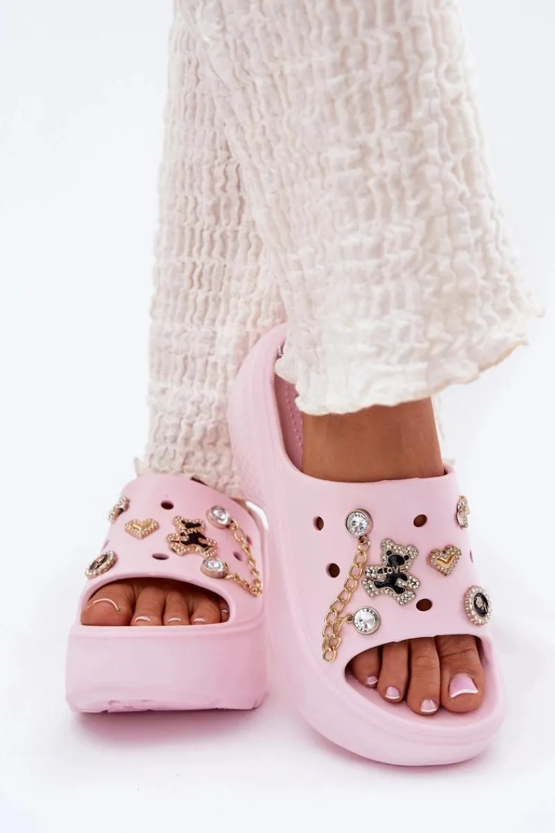 Klapki Basenowe|Klapki Na Platformie>Boto Piankowe Klapki Damskie Na Masywnej Platformie Ze Złotymi Przypinkami Różowe Ivoriel