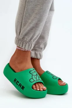 Klapki Basenowe|Klapki Na Platformie>Boto Piankowe Klapki Damskie Na Masywnej Podeszwie Z Misiem Zielone Lamira Zielony