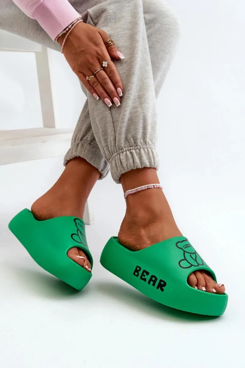 Klapki Basenowe|Klapki Na Platformie>Boto Piankowe Klapki Damskie Na Masywnej Podeszwie Z Misiem Zielone Lamira Zielony