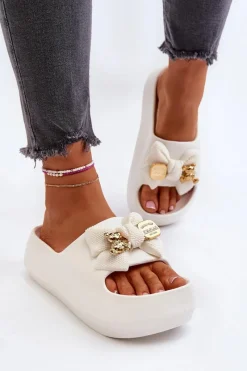 Hot Piankowe Klapki Damskie Z Kokardą Białe Salessa Damskie Klapki Na Platformie|Klapki Damskie Klasyczne