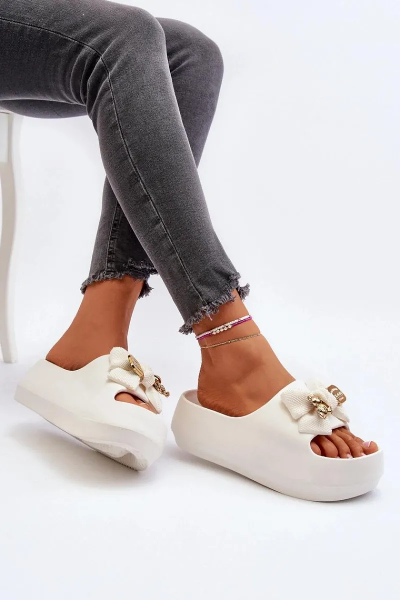 Hot Piankowe Klapki Damskie Z Kokardą Białe Salessa Damskie Klapki Na Platformie|Klapki Damskie Klasyczne