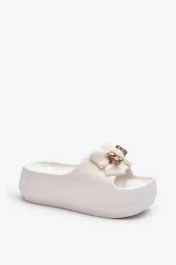 Hot Piankowe Klapki Damskie Z Kokardą Białe Salessa Damskie Klapki Na Platformie|Klapki Damskie Klasyczne