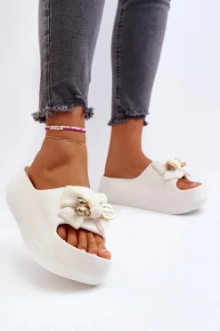 Hot Piankowe Klapki Damskie Z Kokardą Białe Salessa Damskie Klapki Na Platformie|Klapki Damskie Klasyczne