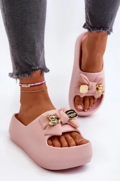 Boto Piankowe Klapki Damskie Z Kokardą Różowe Salessa Różowy