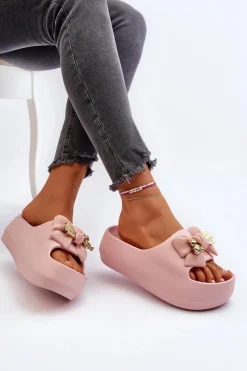 Boto Piankowe Klapki Damskie Z Kokardą Różowe Salessa Różowy