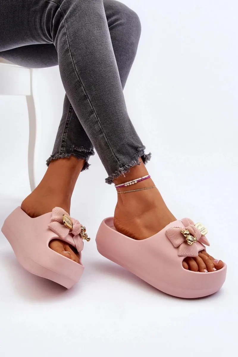 Boto Piankowe Klapki Damskie Z Kokardą Różowe Salessa Różowy