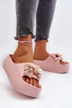 Boto Piankowe Klapki Damskie Z Kokardą Różowe Salessa Różowy