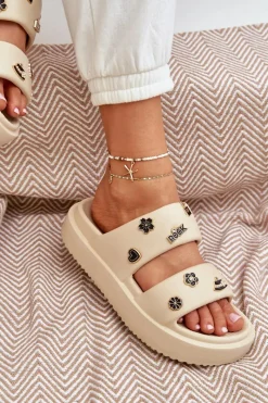 New Boto Piankowe Klapki Damskie Z Przypinkami Beżowe Ravanala Beżowy