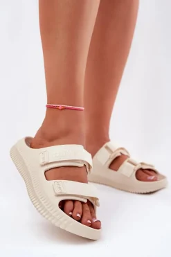 Klapki Damskie Big Star|Klapki Basenowe>Big Star Shoes Piankowe Klapki Damskie Z Rzepami Big Star RR274A529 Beżowe Beżowy