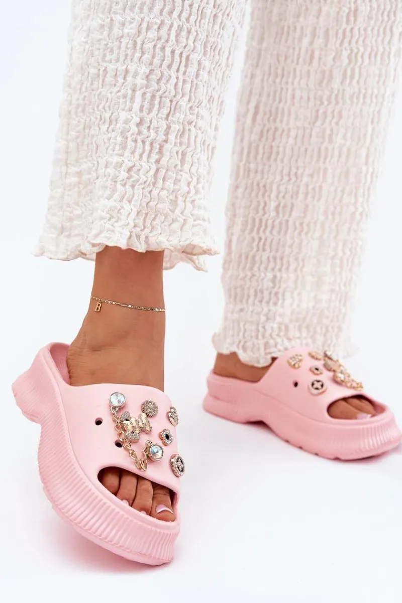 New Piankowe Klapki Damskie Ze Złotymi Przypinkami Różowe Hortiana Damskie Klapki Basenowe|Klapki Na Platformie