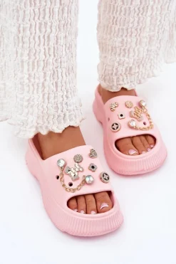 New Piankowe Klapki Damskie Ze Złotymi Przypinkami Różowe Hortiana Damskie Klapki Basenowe|Klapki Na Platformie