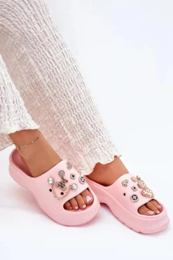 New Piankowe Klapki Damskie Ze Złotymi Przypinkami Różowe Hortiana Damskie Klapki Basenowe|Klapki Na Platformie