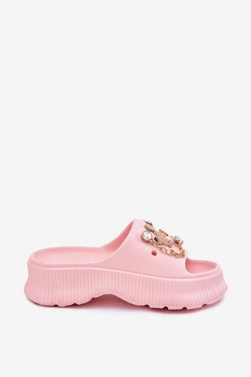 New Piankowe Klapki Damskie Ze Złotymi Przypinkami Różowe Hortiana Damskie Klapki Basenowe|Klapki Na Platformie