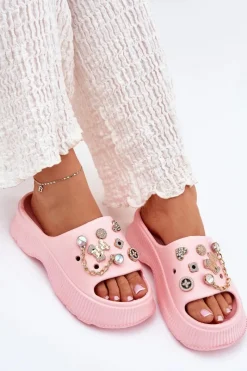 New Piankowe Klapki Damskie Ze Złotymi Przypinkami Różowe Hortiana Damskie Klapki Basenowe|Klapki Na Platformie