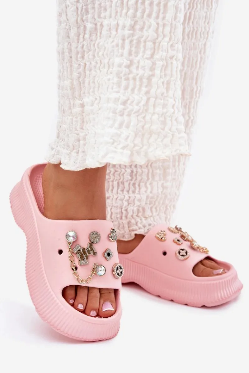 New Piankowe Klapki Damskie Ze Złotymi Przypinkami Różowe Hortiana Damskie Klapki Basenowe|Klapki Na Platformie