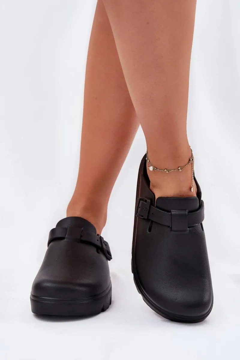 Sale Piankowe Klapki Damskie Z Paskiem I Klamrą Czarne Larinie Damskie Klapki Basenowe|Klapki Na Platformie