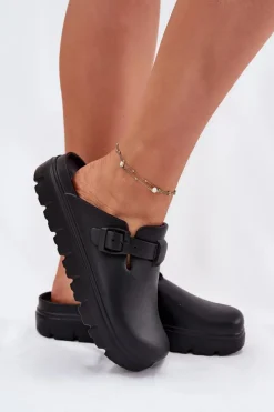 Sale Piankowe Klapki Damskie Z Paskiem I Klamrą Czarne Larinie Damskie Klapki Basenowe|Klapki Na Platformie