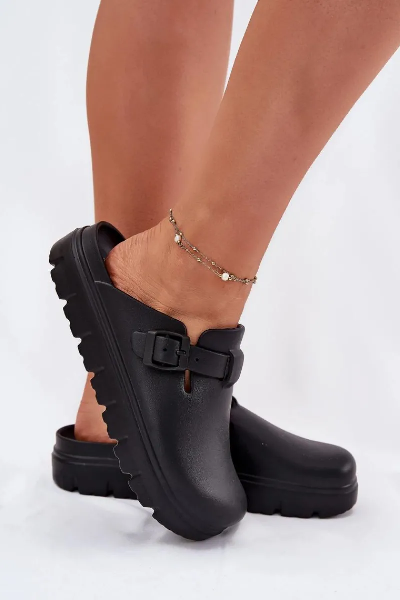 Sale Piankowe Klapki Damskie Z Paskiem I Klamrą Czarne Larinie Damskie Klapki Basenowe|Klapki Na Platformie